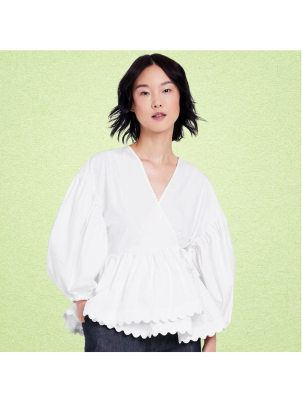 Kika Vargas xTarget White V-Neck Balloon Sleeve Scallop Ruffle Tie Cotton Top L